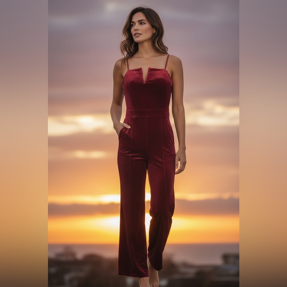NWOT Women’s Velvet Jumpsuit Size S Burgundy Wine Sleeveless Adjustable Straps